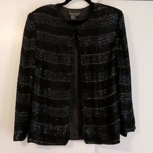 Laurence Kazar Vintage Black Silk Beaded Jacket in Size Large